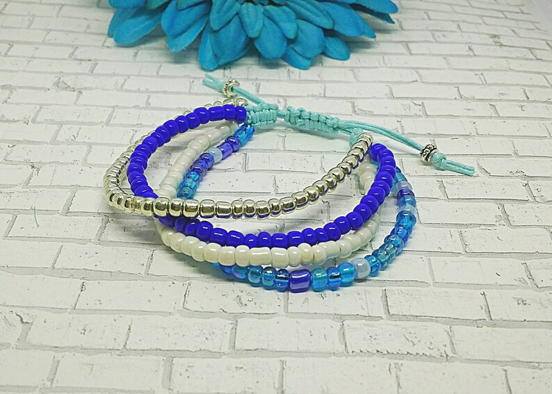 Macrame Bracelet Bracelet Beaded Bracelet Blue and Silver Bracelet Seed Bead Bracelet Blue Multi strand Bracelet Layered Bracelet