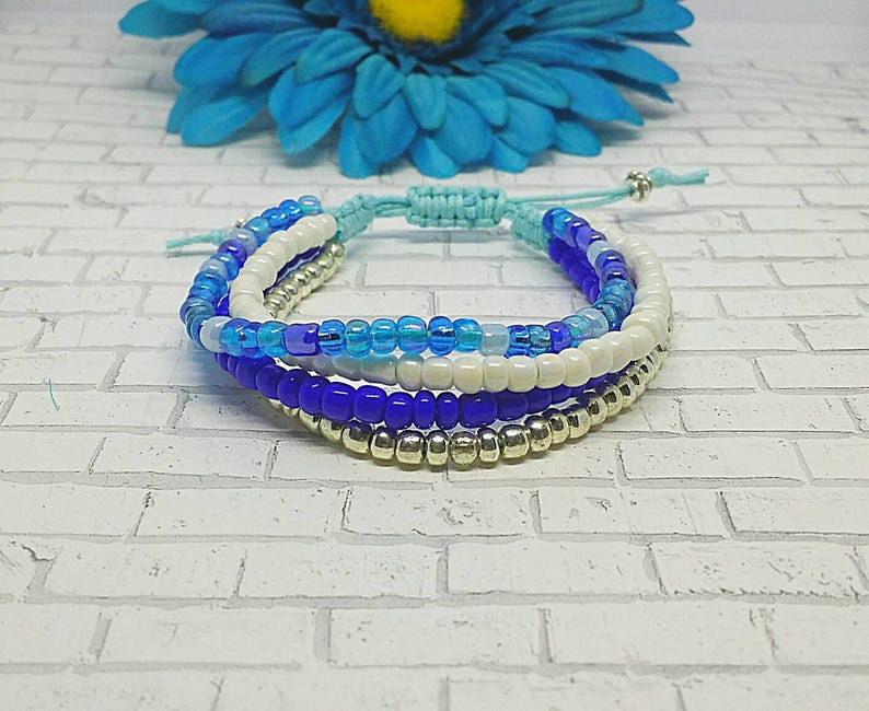 Macrame Bracelet Bracelet Beaded Bracelet Blue and Silver Bracelet Seed Bead Bracelet Blue Multi strand Bracelet Layered Bracelet