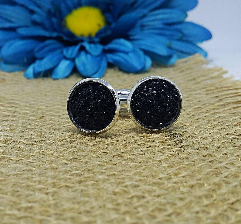 12mm Druzy Druzy Cuff Links Silver Plated Father/'s Day Cuff Links Wedding Black Black cuff Link Silver Cuff Links Cuff Links