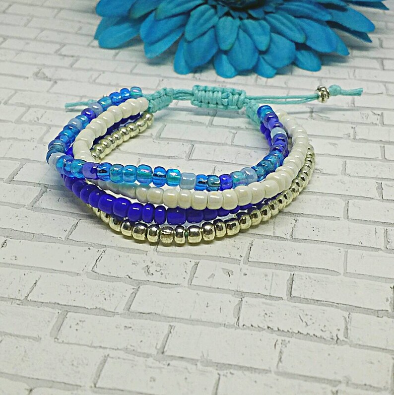 Macrame Bracelet Bracelet Beaded Bracelet Blue and Silver Bracelet Seed Bead Bracelet Blue Multi strand Bracelet Layered Bracelet