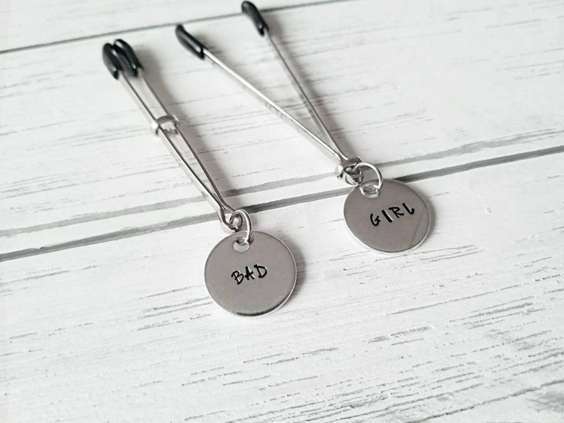 Bad Girl Nipple Clamps Handstamped Adjustable Tweezer Clamp Submissive Jewelry Nipple Nipple Clamp BDSM Bobby Pin Clamp Bad Girl
