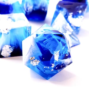 Tsunami Custom Paint Blue and white handmade sharp edge resin dice set for DnD, D&D, Dungeons and Dragons, RPG dice image 1