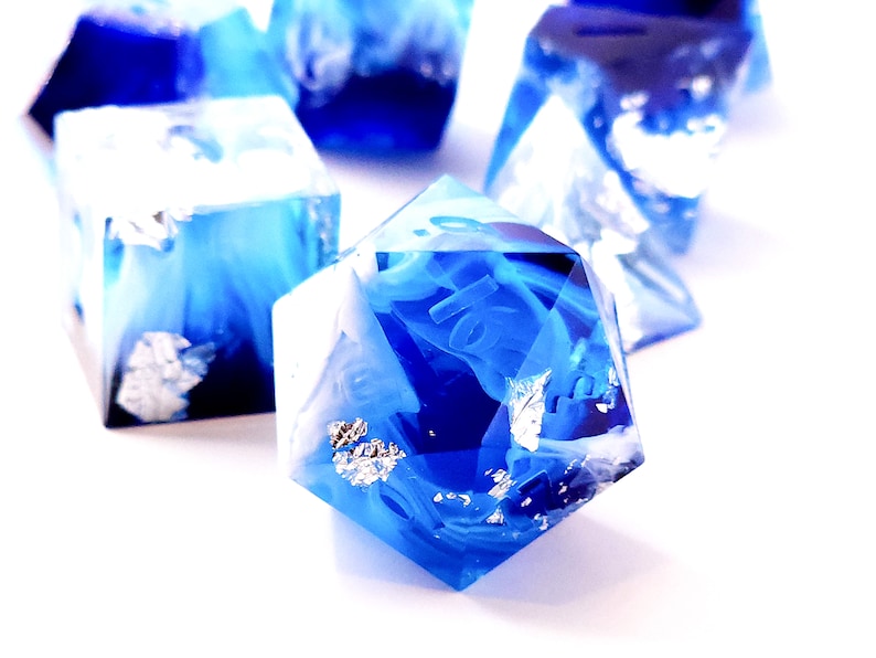 Tsunami Custom Paint Blue and white handmade sharp edge resin dice set for DnD, D&D, Dungeons and Dragons, RPG dice image 1