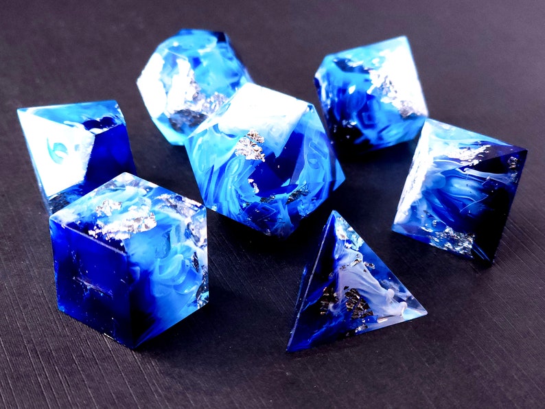 Tsunami Custom Paint Blue and white handmade sharp edge resin dice set for DnD, D&D, Dungeons and Dragons, RPG dice image 4
