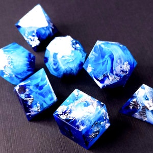 Tsunami Custom Paint Blue and white handmade sharp edge resin dice set for DnD, D&D, Dungeons and Dragons, RPG dice image 9