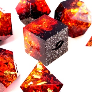 Asphodel - Red, orange, yellow, and black handmade sharp edge resin dice set for DnD, D&D, Dungeons and Dragons, RPG dice