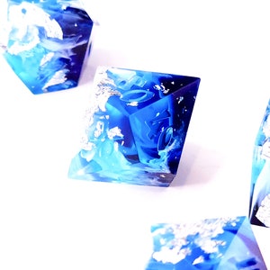 Tsunami Custom Paint Blue and white handmade sharp edge resin dice set for DnD, D&D, Dungeons and Dragons, RPG dice image 3