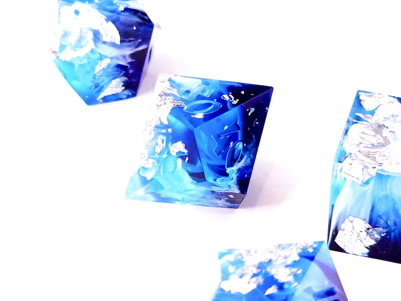 Tsunami Custom Paint Blue and white handmade sharp edge resin dice set for DnD, D&D, Dungeons and Dragons, RPG dice image 3