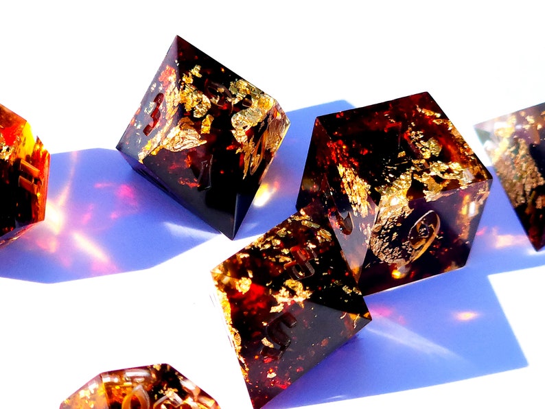 Infernal Engine Karlach BG3 Black, red, and gold handmade sharp edge resin dice set for DnD, D&D, Dungeons and Dragons, RPG dice image 4