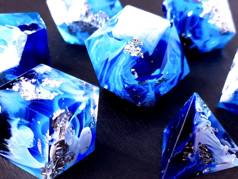 Tsunami Custom Paint Blue and white handmade sharp edge resin dice set for DnD, D&D, Dungeons and Dragons, RPG dice image 5