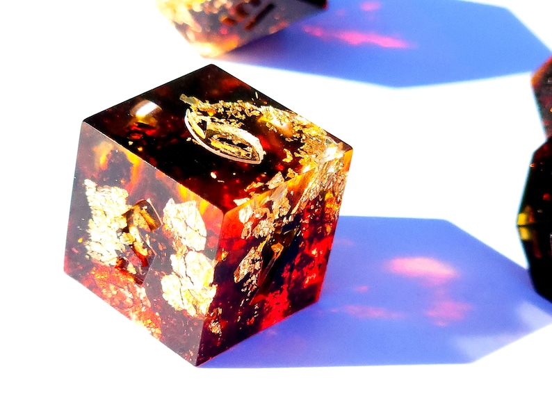 Infernal Engine Karlach BG3 Black, red, and gold handmade sharp edge resin dice set for DnD, D&D, Dungeons and Dragons, RPG dice image 2