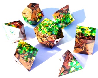 Wild Shape - Halsin BG3 - Glitter green and brown handmade sharp edge resin dice set for DnD, D&D, Dungeons and Dragons, RPG dice