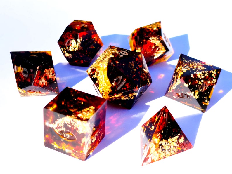 Infernal Engine Karlach BG3 Black, red, and gold handmade sharp edge resin dice set for DnD, D&D, Dungeons and Dragons, RPG dice image 8