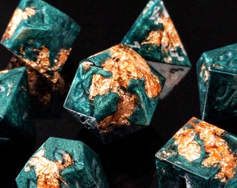 Shapechange (Custom Paint) - Green and copper handmade sharp edge resin dice set for DnD, D&D, Dungeons and Dragons, RPG dice