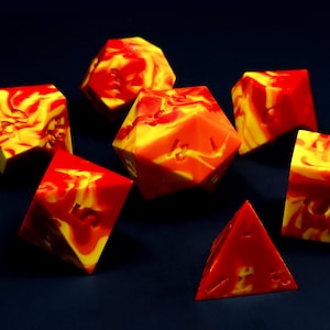 Fireball (Custom Paint) - Yellow, orange, and red handmade sharp edge resin dice set for DnD, D&D, Dungeons and Dragons, RPG dice