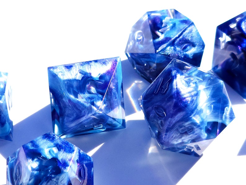 Cumulonimbus Custom Paint Blue and purple handmade sharp edge resin dice set for DnD, D&D, Dungeons and Dragons, RPG dice image 2