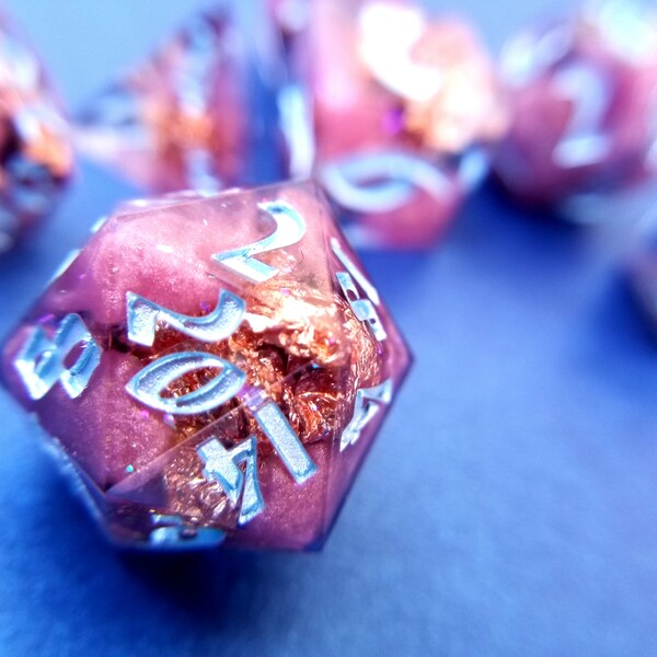 Gift of the Rose (Blue) - Handmade Sharp Edge Dungeons and Dragons, D&D, D20 Polyhedral Resin Dice
