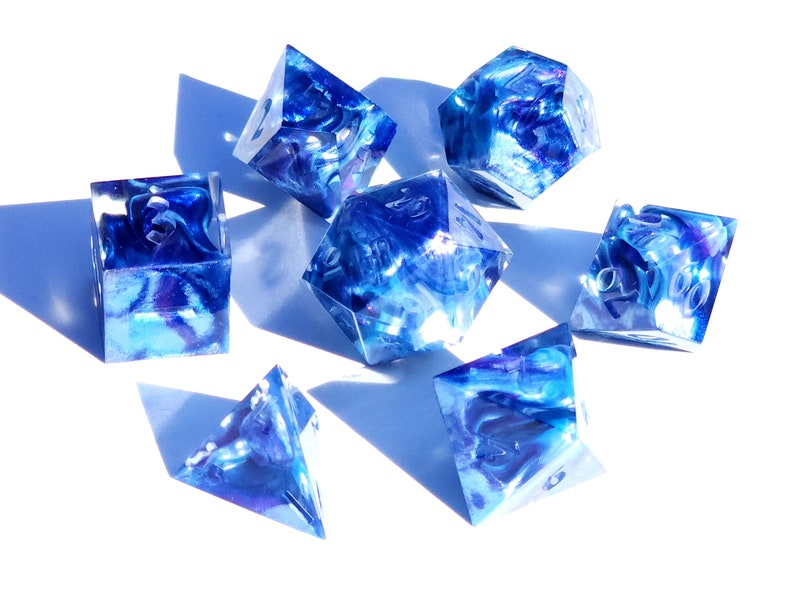 Cumulonimbus Custom Paint Blue and purple handmade sharp edge resin dice set for DnD, D&D, Dungeons and Dragons, RPG dice image 3