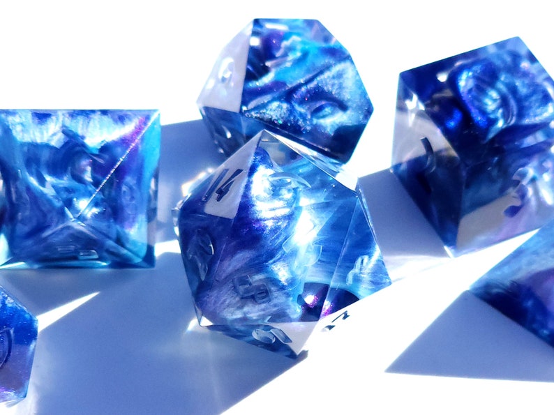 Cumulonimbus Custom Paint Blue and purple handmade sharp edge resin dice set for DnD, D&D, Dungeons and Dragons, RPG dice image 1