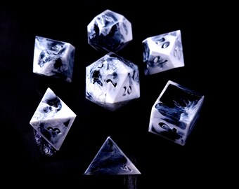 PRE-ORDER Last Breath (Custom Paint) - Black and white handmade sharp edge resin dice set for DnD, D&D, Dungeons and Dragons, RPG dice