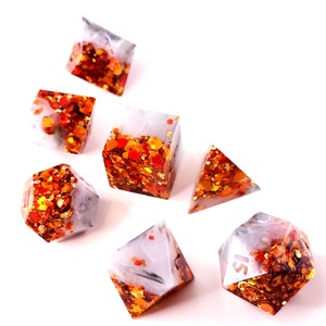 Reverie Custom Paint Gray and orange handmade sharp edge resin dice set for DnD, D&D, Dungeons and Dragons, RPG dice image 2