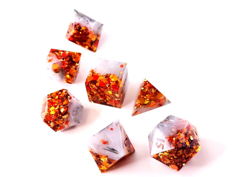 Reverie Custom Paint Gray and orange handmade sharp edge resin dice set for DnD, D&D, Dungeons and Dragons, RPG dice image 2