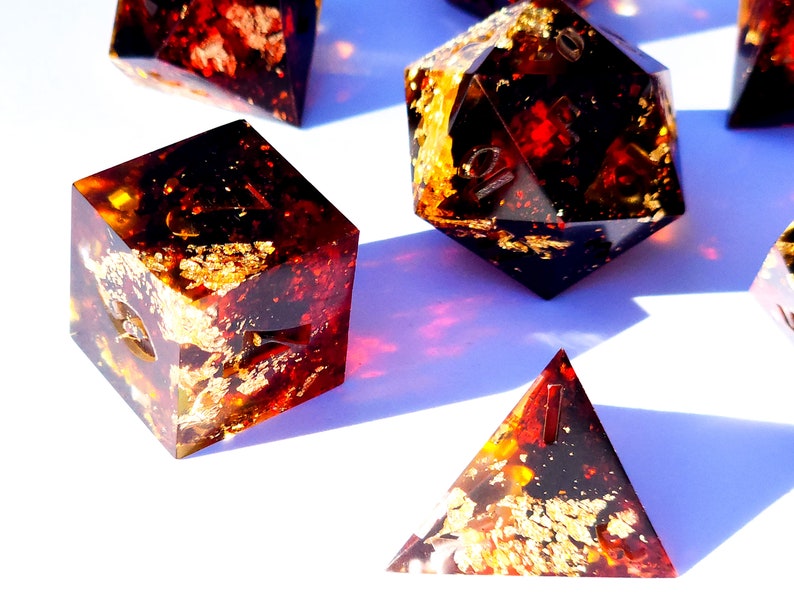 Infernal Engine Karlach BG3 Black, red, and gold handmade sharp edge resin dice set for DnD, D&D, Dungeons and Dragons, RPG dice image 6