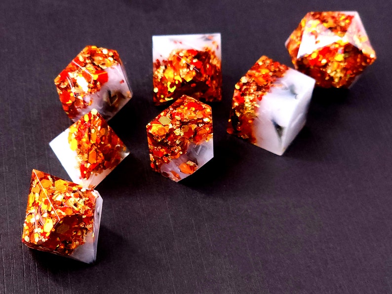 Reverie Custom Paint Gray and orange handmade sharp edge resin dice set for DnD, D&D, Dungeons and Dragons, RPG dice image 9