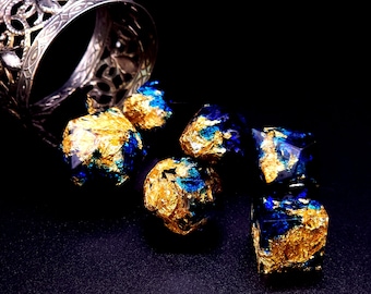 Handmade Resin Dice Set with Custom Paint - 'Crushing Deep' - Gold, Blue, and Black for D&D, Dungeons and Dragons, RPG