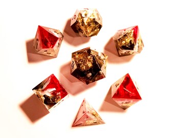 Bloodlines - Astarion BG3 - Gold, red, and black handmade sharp edge resin dice set for DnD, D&D, Dungeons and Dragons, RPG dice