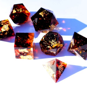 Infernal Engine Karlach BG3 Black, red, and gold handmade sharp edge resin dice set for DnD, D&D, Dungeons and Dragons, RPG dice image 5