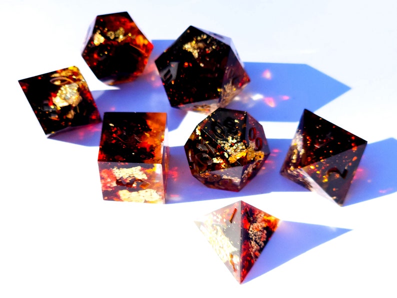 Infernal Engine Karlach BG3 Black, red, and gold handmade sharp edge resin dice set for DnD, D&D, Dungeons and Dragons, RPG dice image 5