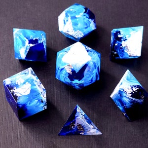 Tsunami Custom Paint Blue and white handmade sharp edge resin dice set for DnD, D&D, Dungeons and Dragons, RPG dice image 2