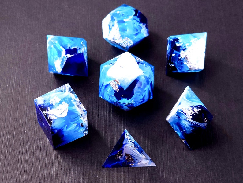 Tsunami Custom Paint Blue and white handmade sharp edge resin dice set for DnD, D&D, Dungeons and Dragons, RPG dice image 2