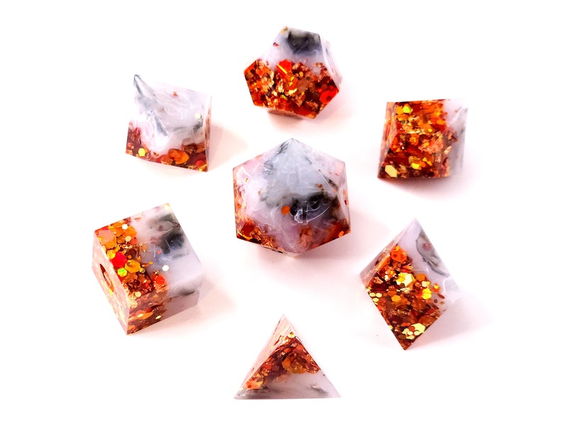 Reverie Custom Paint Gray and orange handmade sharp edge resin dice set for DnD, D&D, Dungeons and Dragons, RPG dice image 8