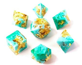 PRE-ORDER Jubilee (Custom Paint) - green and gold handmade sharp edge resin dice set for DnD, D&D, Dungeons and Dragons, RPG dice