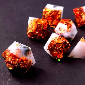 Reverie Custom Paint Gray and orange handmade sharp edge resin dice set for DnD, D&D, Dungeons and Dragons, RPG dice image 5