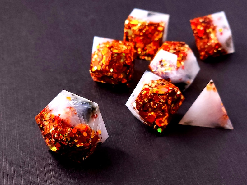 Reverie Custom Paint Gray and orange handmade sharp edge resin dice set for DnD, D&D, Dungeons and Dragons, RPG dice image 5