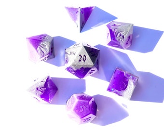 Night's Disciple - Shadowheart BG3 - Glow purple and silver handmade sharp edge resin dice set for DnD, D&D, Dungeons and Dragons, RPG dice