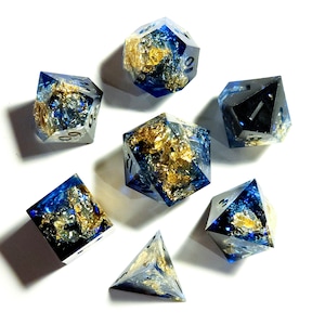 Crushing Deep (Custom Paint) - Gold, blue, and black handmade sharp edge resin dice set for DnD, D&D, Dungeons and Dragons, RPG dice