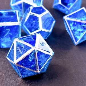 Aurora Borealis (Custom Paint) - Blue, teal, and silver handmade sharp edge resin dice set for DnD, D&D, Dungeons and Dragons, RPG dice