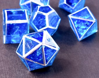 Aurora Borealis (Custom Paint) - Blue, teal, and silver handmade sharp edge resin dice set for DnD, D&D, Dungeons and Dragons, RPG dice