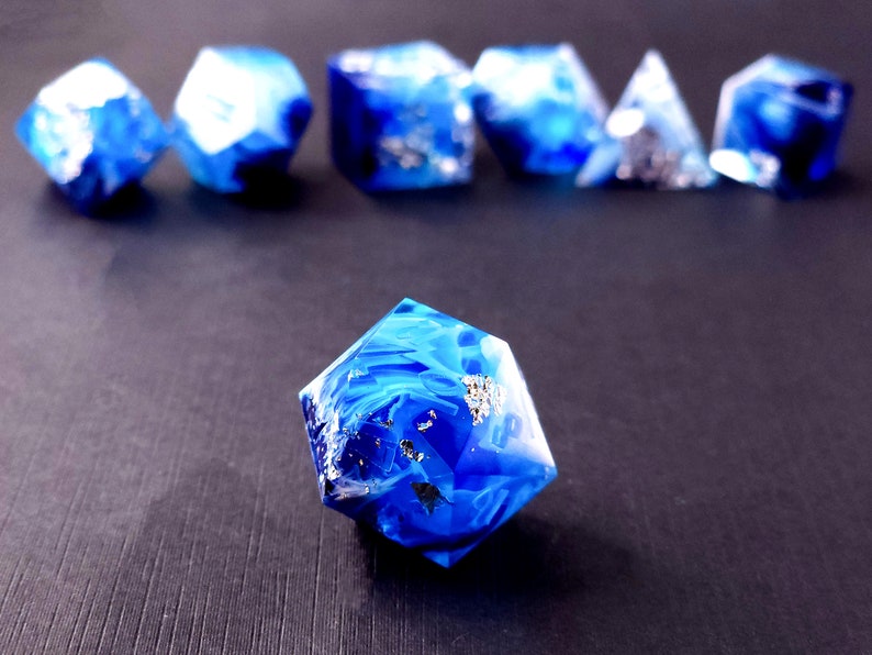 Tsunami Custom Paint Blue and white handmade sharp edge resin dice set for DnD, D&D, Dungeons and Dragons, RPG dice image 6