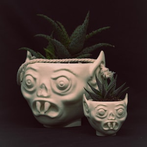 May include: Two white ceramic planters shaped like vampire faces, each with large eyes, fangs, and pointed ears. The larger planter has a rope detail around the rim and contains a green succulent. The smaller planter also holds a succulent.