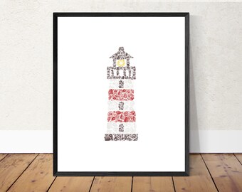 May include: A black framed print of a lighthouse made of small, detailed drawings of seashells. The lighthouse is white with red bands and a yellow light at the top.
