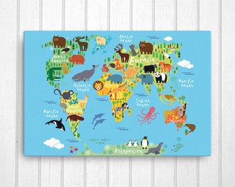 animal world map canvas nursery canvas art playroom art etsy