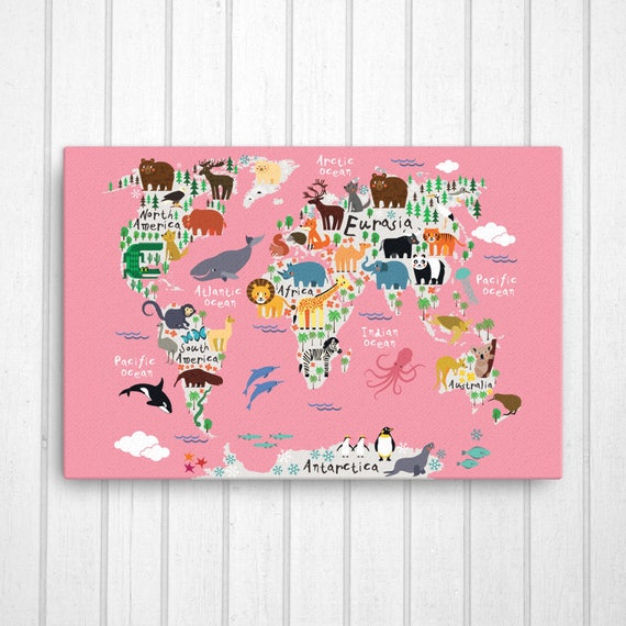 animal world map canvas nursery canvas art playroom art etsy