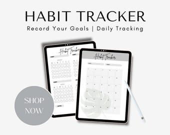 Pode incluir: Dois planejadores digitais na tela de um tablet, um é um rastreador de hábitos com um calendário mensal e o outro é um rastreador de hábitos diário com círculos para cada dia do mês. O texto "Habit Tracker" está no topo de cada planejador. O texto "Record Your Goals | Daily Tracking" está abaixo do título. O texto "Instant Download" está na parte inferior da imagem.