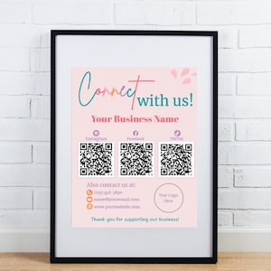 Könnte beinhalten: Gerahmtes Poster mit rosa Hintergrund und dem Text "Connect with us!". Enthält QR-Codes für Instagram, Facebook und TikTok sowie Kontaktinformationen und Platz für ein Logo. Der Rahmen ist schwarz.