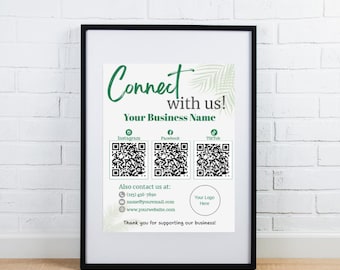 Flyer voor contact met ons | Bewerkbare QR-codesjabloon | Socialmedia-bord voor kleine bedrijven | Digitale Canva-download | Handpalm